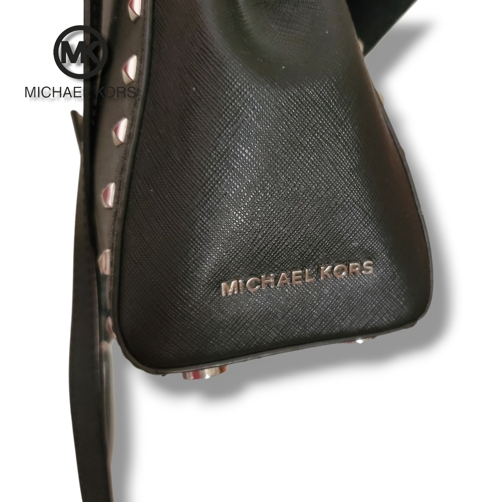 Michael KORS Black Saffiano Leather Top Handle Silver Studded Crossbody Satchel - Picture 12 of 17